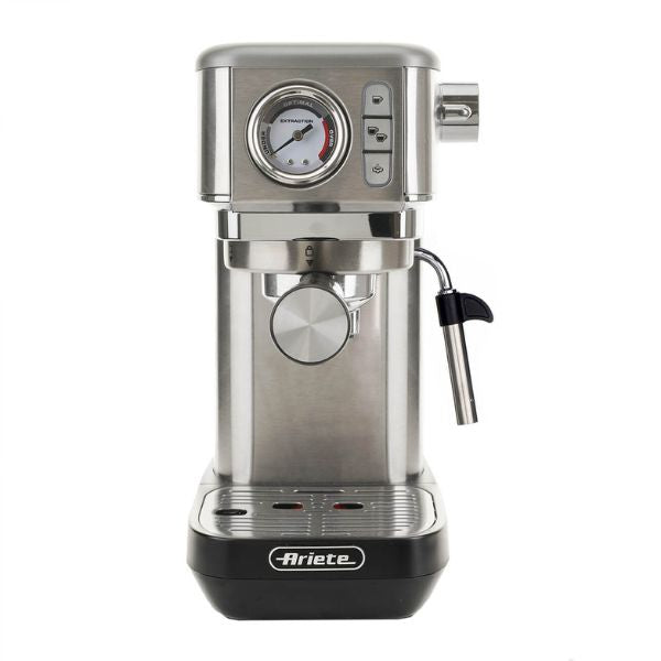 Ariete 1381 Macchina da caffè con manometro, compatibile con caffè in polvere e cialde ESE, 1300 W, Capacità 1,1 L, 15 bar di pressione, Filtro 1 o 2 tazze, Dispositivo Cappuccino Argento
