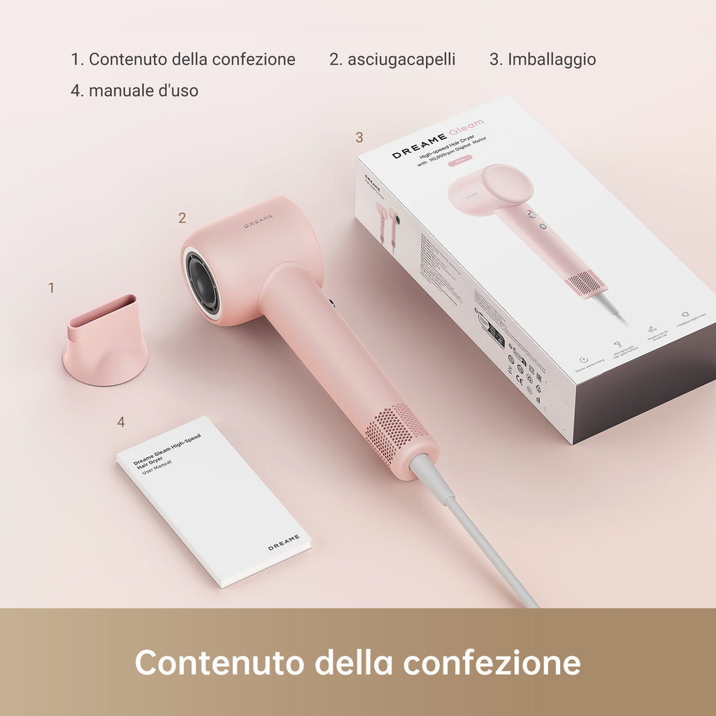 Dreame Hair Dryer Gleam Asciugacapelli ad alta velocità con motore brushless da 110.000 giri/min e 1.600 W, Rosa