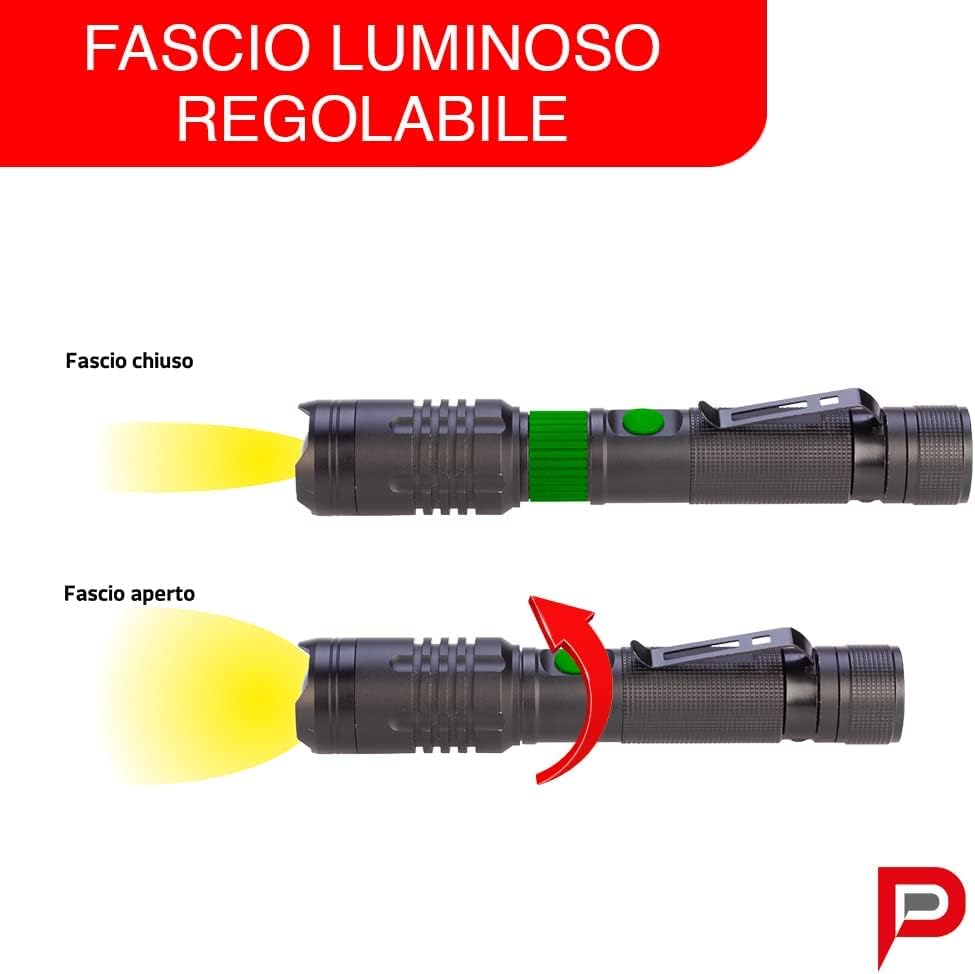 Poly Pool PP3154 Torcia Led Portatile 10W ALU1000 Ricaricabile Usb-c e Power Bank Luce D'Emergenza o Lavoro in Alluminio Portata 240m con Luce Regolabile 