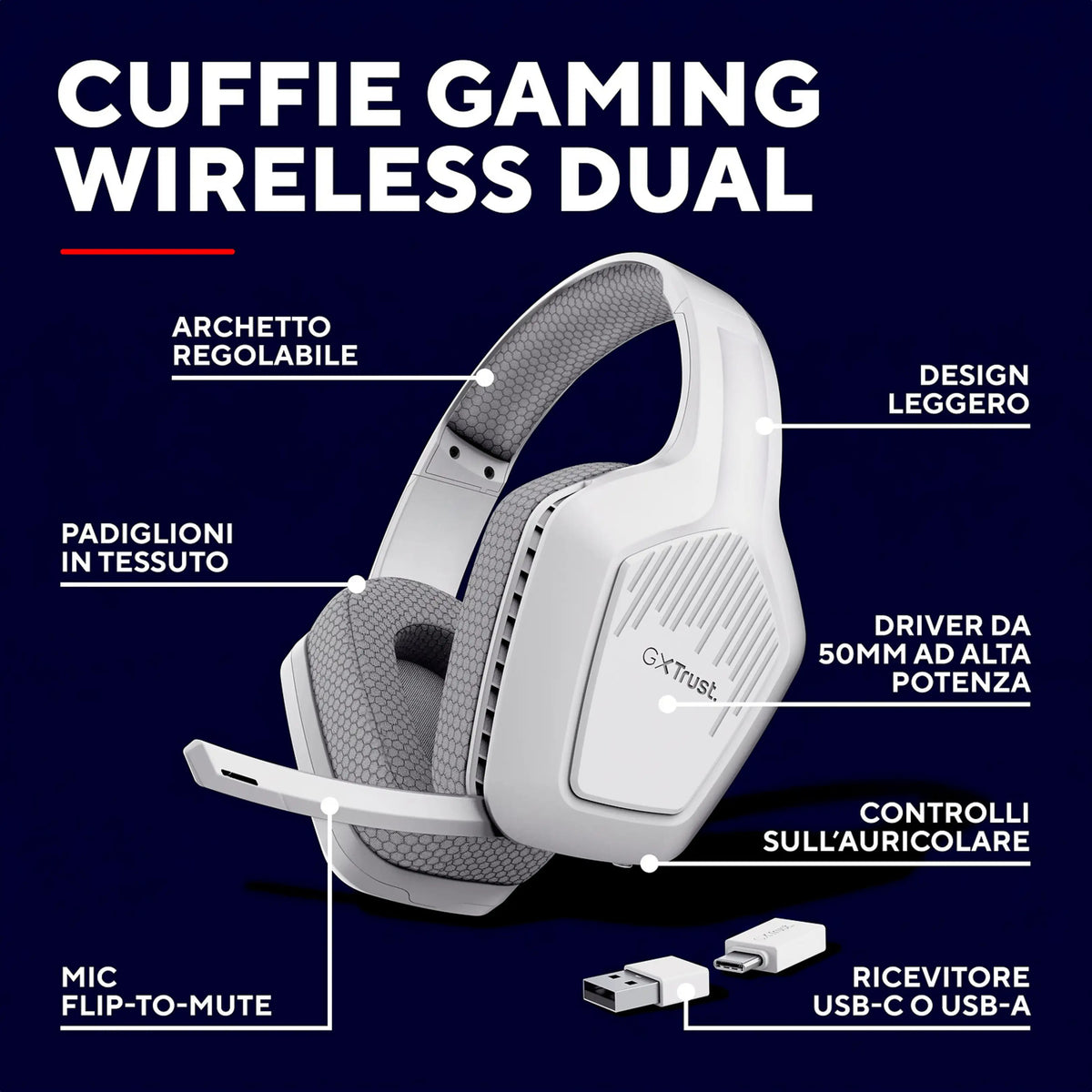 Trust GXT 425W Zirox II Dual Wireless 26315, Cuffie Gaming Over-Ear Wireless Bluetooth e 2,4 GHz, Driver da 50 mm, Bianche