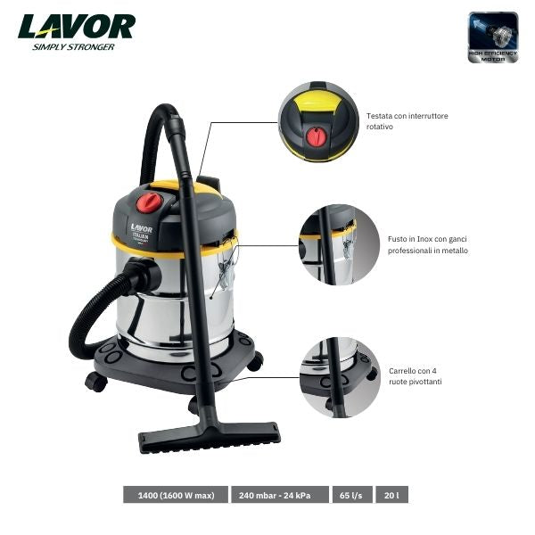Lavor WTP 20 X Aspirapolvere Aspiraliquidi con Fusto in Acciaio Inox