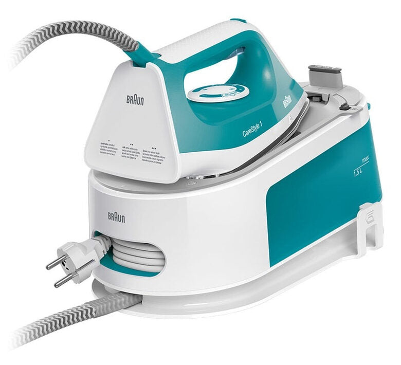 Braun CareStyle 1 - Ferro da stiro con caldaia, Piastra con tecnologia FreeGlide3D, 2400W, 1.5L, Bianco/Turchese (IS1013GR)