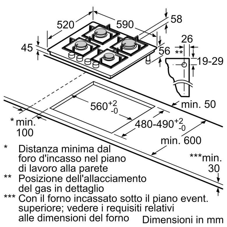 Bosch Serie 4 PNP6B6K40 , Piano cottura a gas, 60 cm, Vetro temperato, Nero