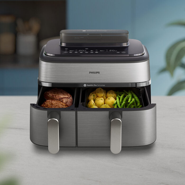 Philips NA555/00 Friggitrice ad Aria doppio cestello con cottura a vapore, 5000 series, 9 litri, 19 metodi di cottura, App per ricette