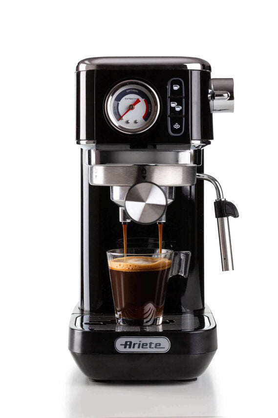 Ariete 1381 Macchina da caffè con manometro, compatibile con caffè in polvere e cialde ESE, 1300 W, Capacità 1,1 L, 15 bar di pressione, Filtro 1 o 2 tazze, Dispositivo Cappuccino, Nero