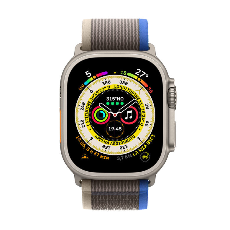 Apple Watch Ultra GPS + Cellular, 49mm Cassa in Titanio con Cinturino Trail Loop Blu/Grigio - M/L