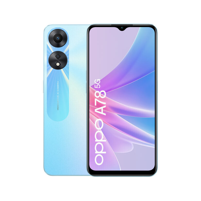 OPPO A78 5G Smartphone, AI Doppia fotocamera 50+2MP, Selfie 8GB, Display 6.56” 90HZ LCD, 5000mAh, RAM 4 (Esp 8GB/10GB/12GB) + ROM 128GB (esp1TB), IPX4, [Versione Italia], Glowing Blue