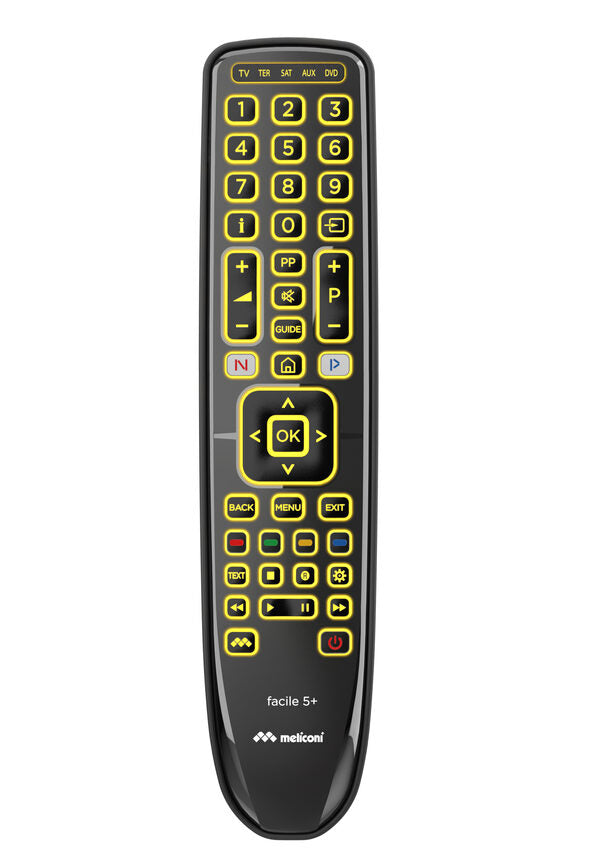 Meliconi Gumbody Facile 5+ telecomando DVD/Blu-ray, Sistema audio domestico, Sistema Home cinema, Sky, Altoparlante Soundbar, TV Pulsanti