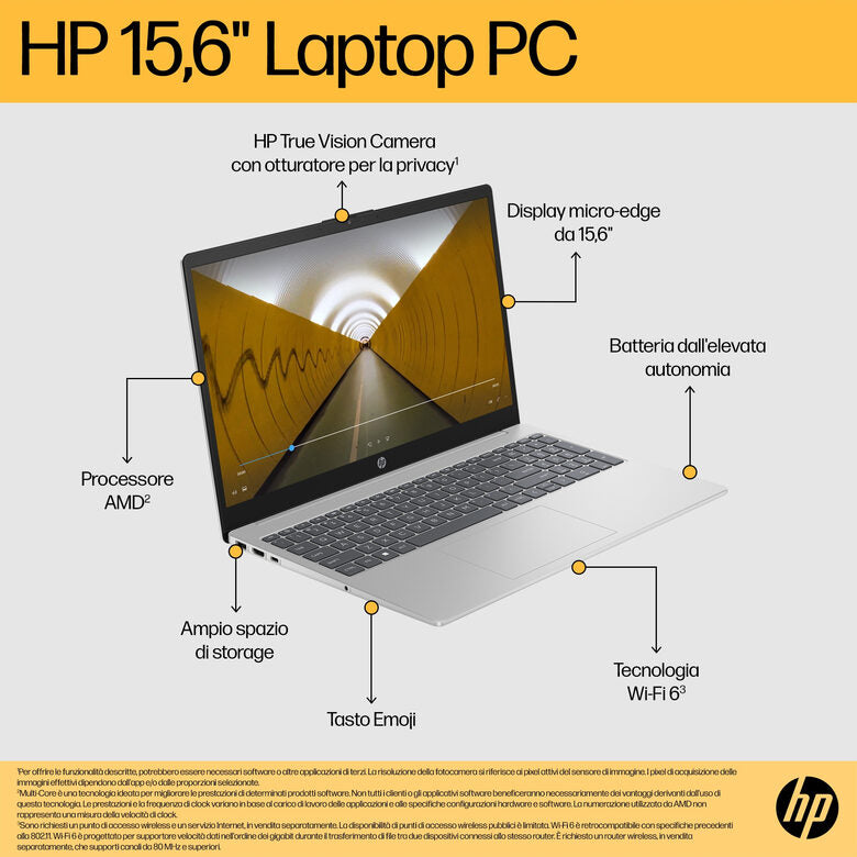 HP 15-fc0041nl AMD Ryzen™ 5 7520U Computer portatile 39,6 cm (15.6") Full HD 8 GB LPDDR5-SDRAM 256 GB SSD Wi-Fi 6 (802.11ax) Windows 11 Home Grigio
