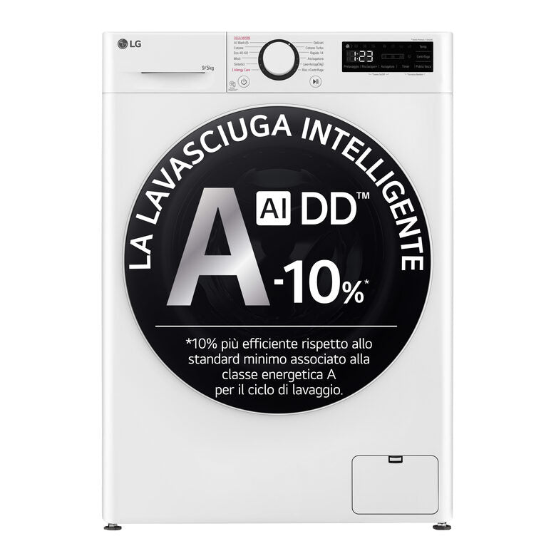 LG D2R5S09TSWW Serie R5 Lavasciuga Slim A Libera Installazione 9/5 Kg, 1200 Giri,  AI Dd, AI Wash, TurboWash 360, Vapore, Allergy Care, Classe E, Bianco