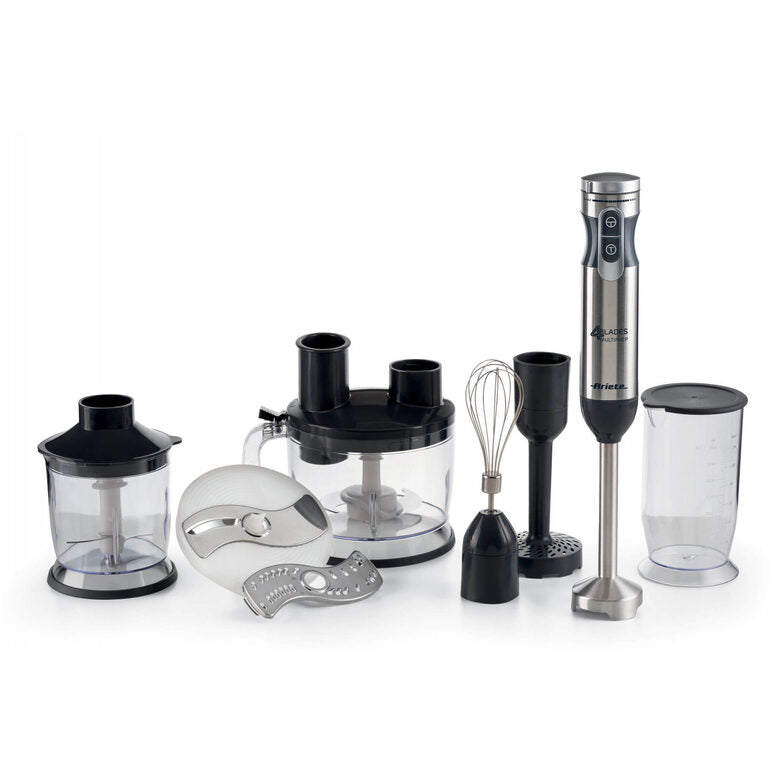 Ariete 898/1 4 Blades Multiprep 7in1, Frullatore a immersione, 7 funzioni, 1000W, 10 velocità + turbo, Capacità 2 L, Accessori inclusi, Silver
