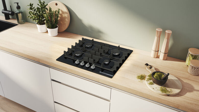 Bosch Serie 4 PNP6B6K40 , Piano cottura a gas, 60 cm, Vetro temperato, Nero