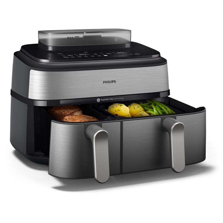 Philips NA555/00 Friggitrice ad Aria doppio cestello con cottura a vapore, 5000 series, 9 litri, 19 metodi di cottura, App per ricette
