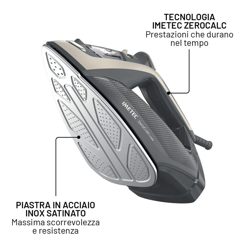 Imetec ZeroCalc Power - Ferro da Stiro da 2600W con Colpo di Vapore 220g,Piastra in Acciaio Satinato, Sistema Anticalcare, Leggero