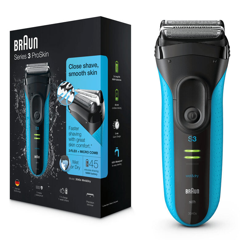 Braun Series 3 ProSkin 3040s Rasoio Barba Elettrico, Nero/Blu
