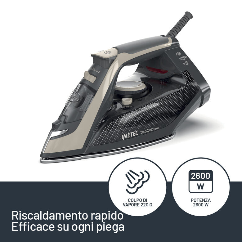 Imetec ZeroCalc Power - Ferro da Stiro da 2600W con Colpo di Vapore 220g,Piastra in Acciaio Satinato, Sistema Anticalcare, Leggero
