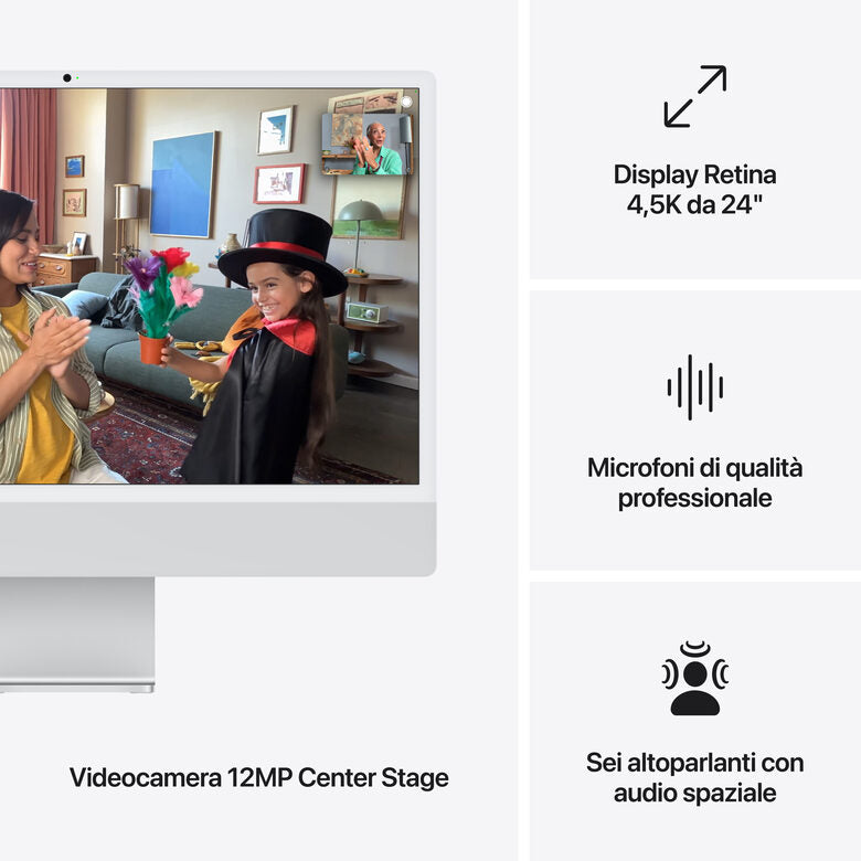 Apple iMac 24"Retina Display 4,5K, Chip M4 con CPU 10‑core, GPU 10‑core, 24GB, 512GB SSD, Argento