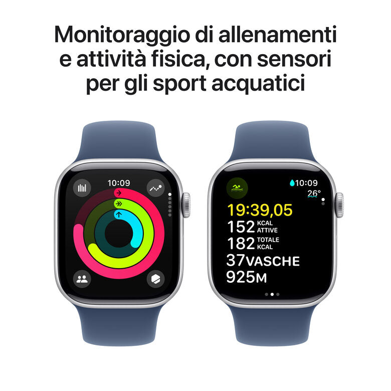 Apple Watch Series 10 Serie 10 GPS + Cellular 42mm Cassa in Alluminio Color Argento con Denim Sport Band - S/M