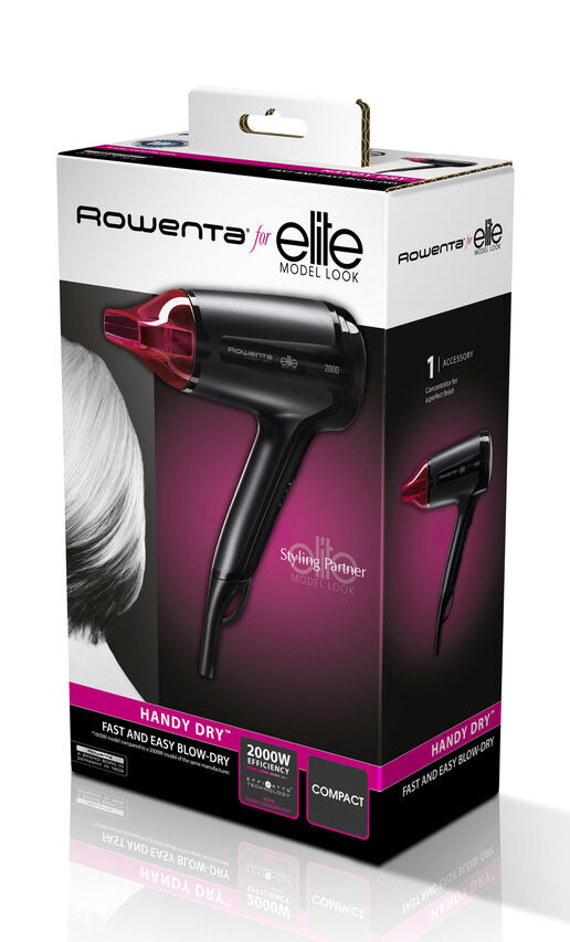 Rowenta CV1612 Handy Dry, Asciugacapelli, 2 impostazioni di temperatura, getto d’aria fretta, concentratore sottile, Nero e Rosa