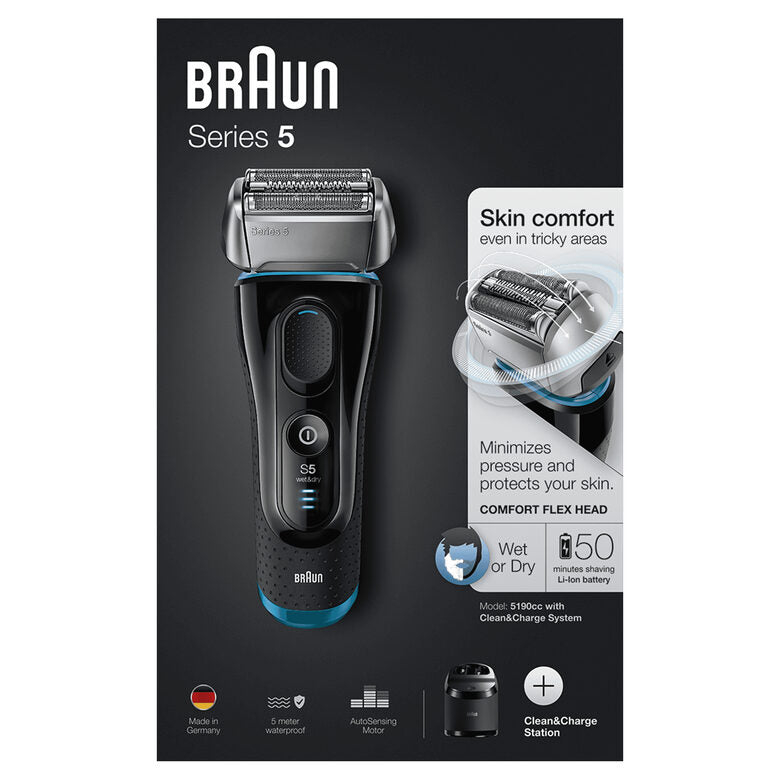 Braun Series 5 5190cc Rasoio Elettrico Barba A Lamina Wet&Dry Con Sistema Clean&Charge