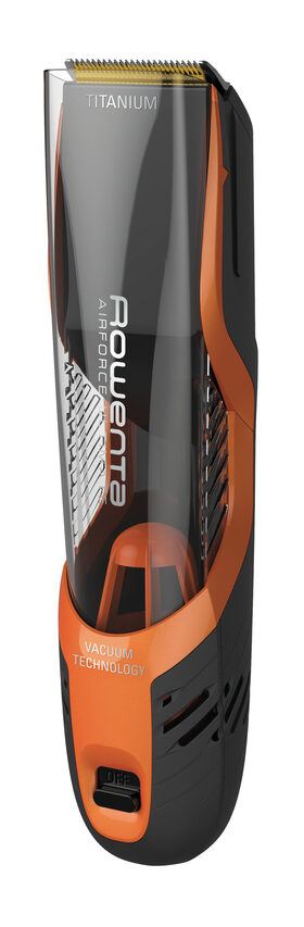 Rowenta TN9300 Airforce Ultimate, Tagliacapelli, Sistema di Aspirazione Integrato che Cattura il 99% dei capelli, 17 Lunghezze di Taglio, Tagliacapelli 3 in 1, Nero e Arancione