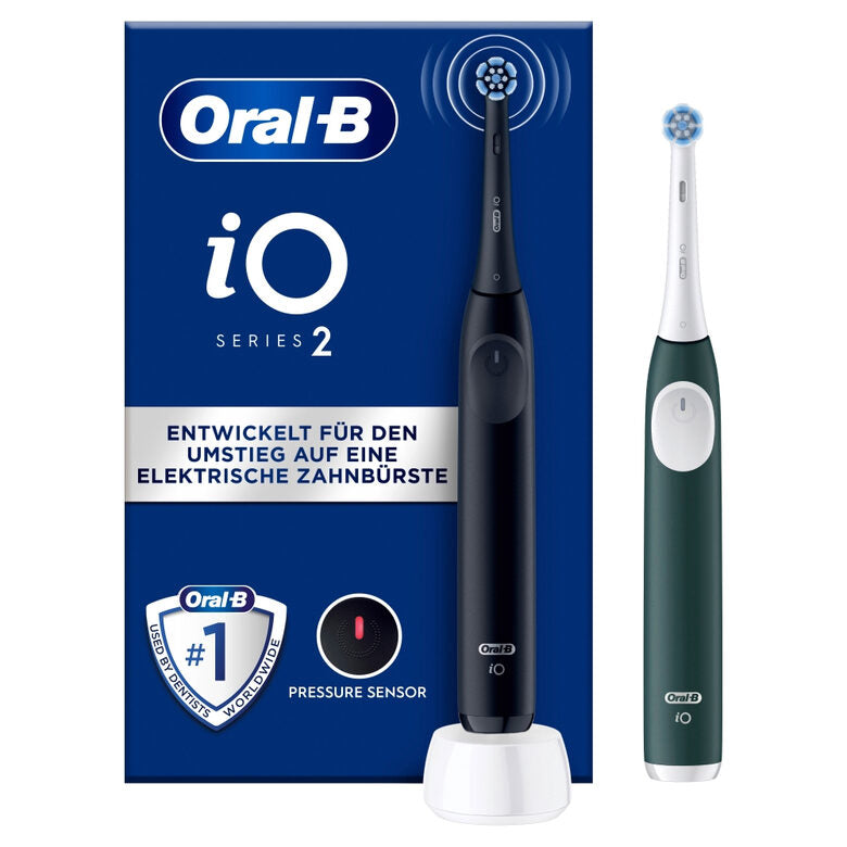 Oral-B iO 2 Spazzolino Elettrico Oral B, Nero e Verde, 1 Testina Di Ricambio, 2 Spazzolini, Delicato sulle Gengive, Efficace sulla placca, Sensore di Pressione