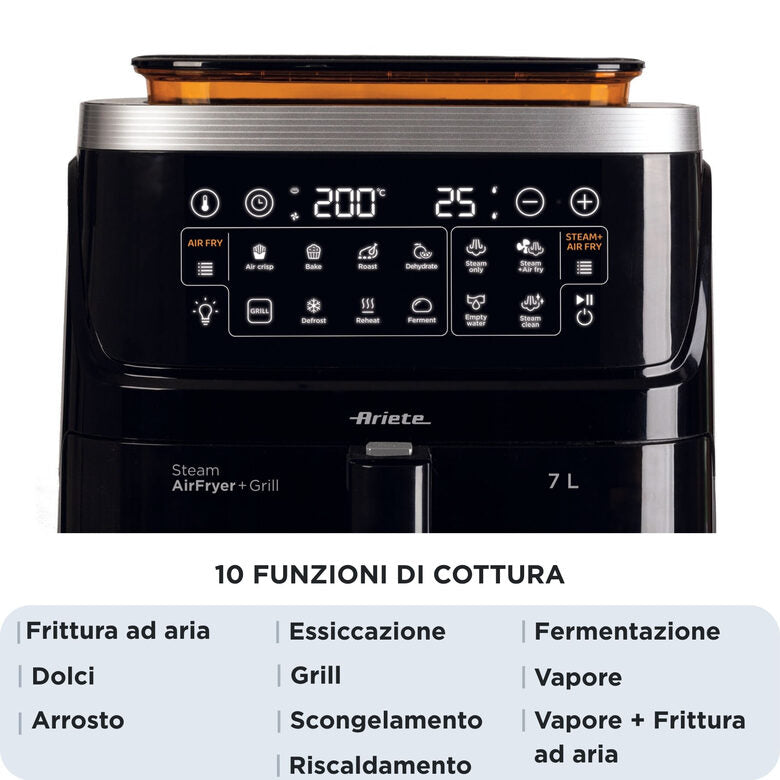 Ariete 4636 Friggitrice ad aria con funzione vapore+ Grill, 1700W, Funzione essiccazione, 10 funzioni di cottura, Cestello trasparente, Timer, Luce interna, Nero