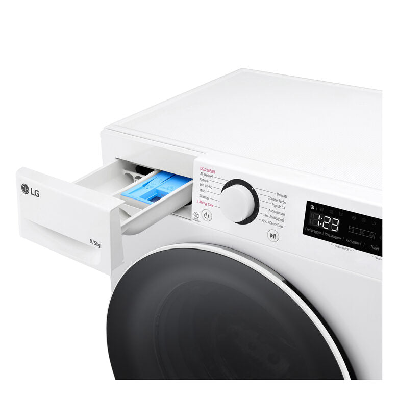 LG D2R5S09TSWW Serie R5 Lavasciuga Slim A Libera Installazione 9/5 Kg, 1200 Giri,  AI Dd, AI Wash, TurboWash 360, Vapore, Allergy Care, Classe E, Bianco