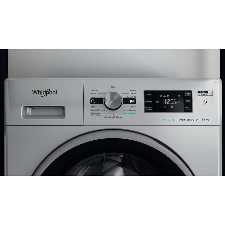 Whirlpool FFB 116 SILVER IT Lavatrice A Libera Installazione 11 Kg, 1400 Giri, Tecnologia 6° Senso, FreshCare+, Igiene Vapore, Classe A, Argento