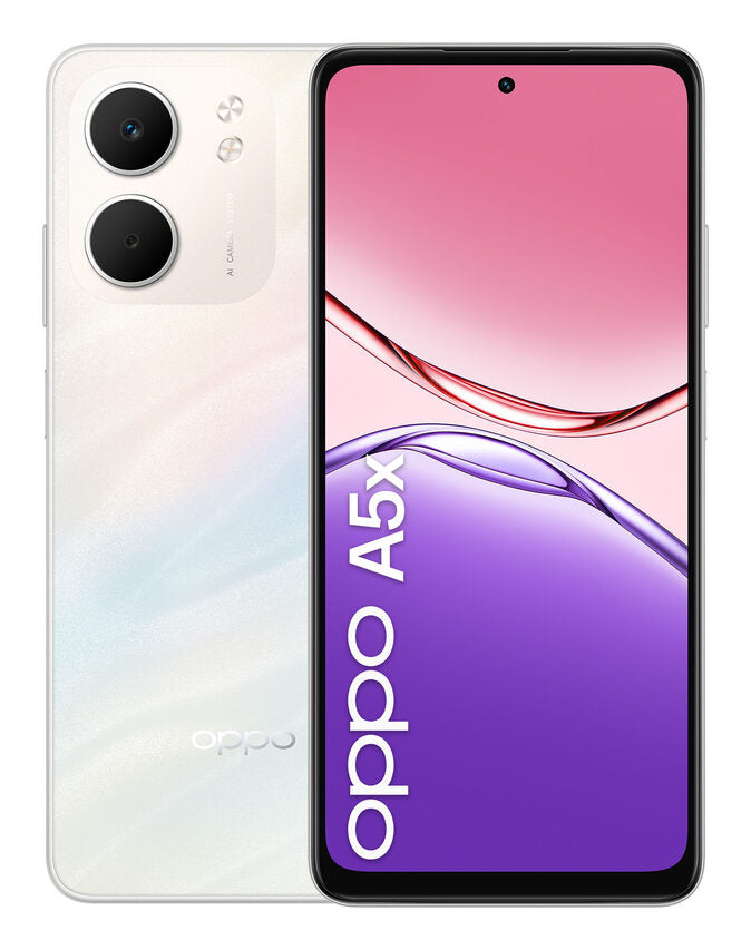 OPPO A5x Smartphone, Foto AI 32MP, Frontale 5MP, Display 6.67” 90HZ LCD HD+, 6000mAh, RAM 4(Esp1GB/2GB/4GB)+ROM 128GB (esp1TB), IP65, [Versione Italia], Laser White