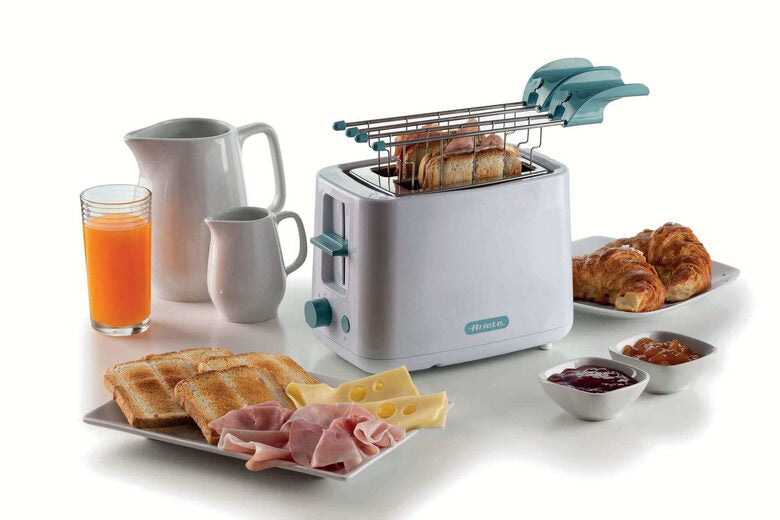 Ariete 157 Tostapane Breakfast, 760W, Capacità 2 fette di pane, Pinze in acciaio inox, 7 livelli di doratura, Pulsante stop, Tocco freddo, White