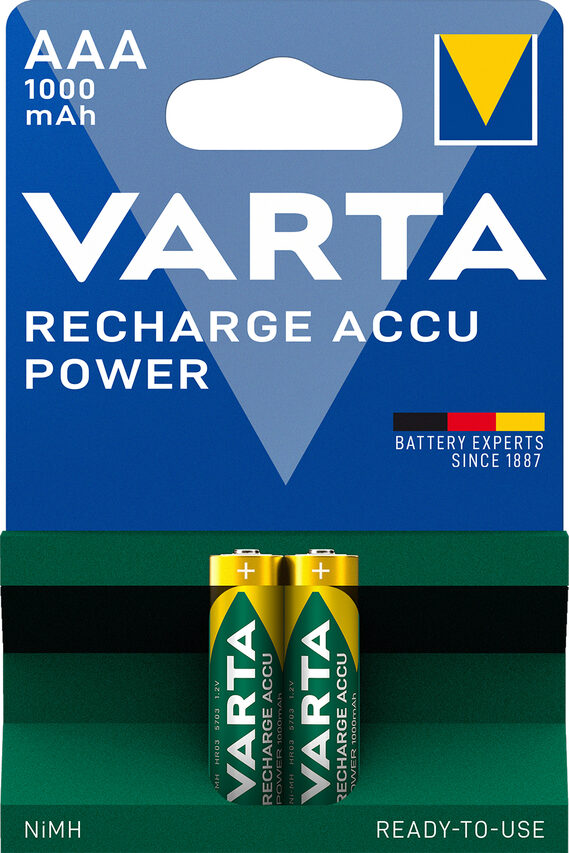 Varta Recharge Accu Power AAA 1000 mAh Blister da 2 (Batteria NiMH Accu Precaricata, Micro, ricaricabile, pronta all'uso)