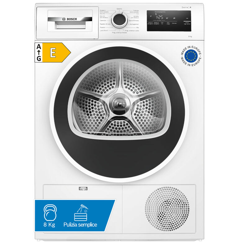 Bosch WTH85208II Serie 4 Asciugatrice A Libera Installazione 8 Kg, Pompa Di Calore, Auto Dry, Filtro Easy Clean, SensitiveDrying, Classe E, Bianco
