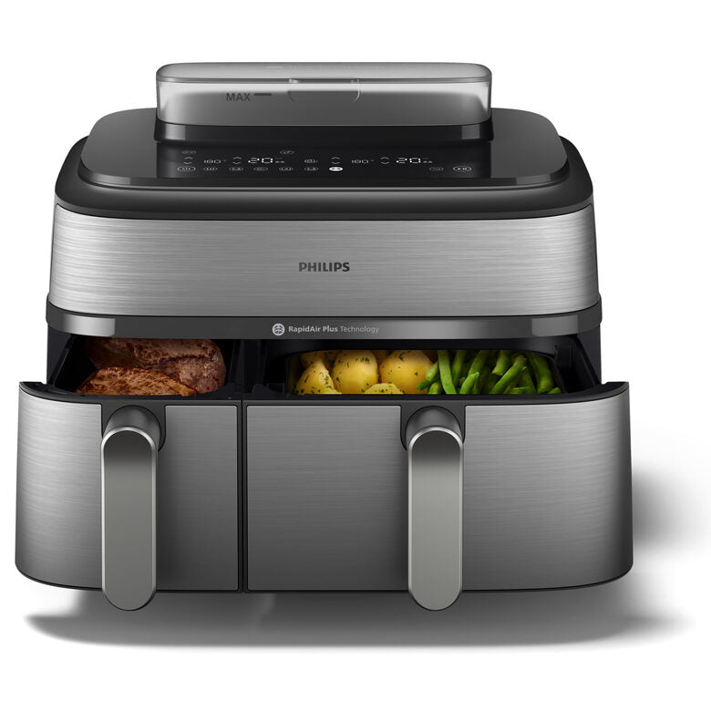 Philips NA555/00 Friggitrice ad Aria doppio cestello con cottura a vapore, 5000 series, 9 litri, 19 metodi di cottura, App per ricette