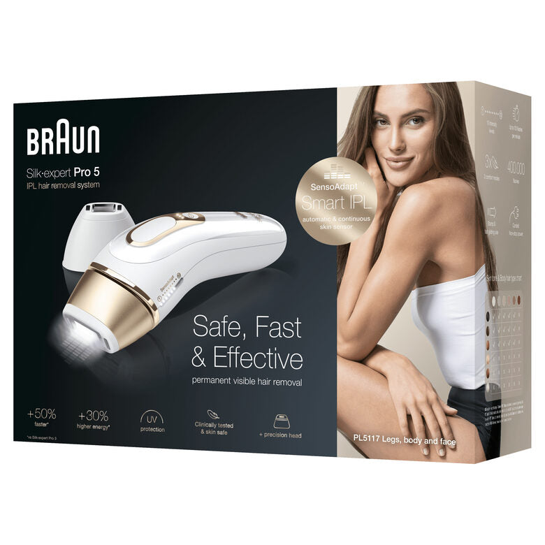 Braun Silk-expert Pro 5 PL5117 Epilatore Luce Pulsata Di Ultima Generazione, IPL, Epilazione Definitiva, Bianco E Oro