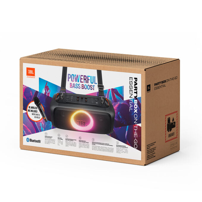 JBL PartyBox On-the-Go Essential Speaker Portatile Wireless per Feste, con Luci Integrate e Bassi Profondi, Protezione Splashproof IPX4, Microfono Wireless, Tracolla per Trasporto, Nero