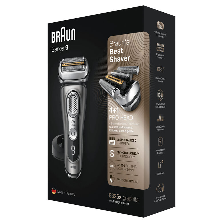 Braun Series 9 9325s Rasoio Barba Elettrico Di Ultima Generazione, Base Di Ricarica, Custodia In Tessuto, Grafite