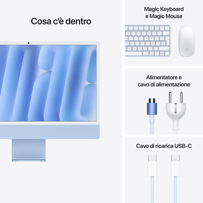 Apple iMac 24"Retina Display 4,5K, Chip M4 con CPU 8‑core, GPU 8‑core, 16GB, 256GB SSD, Blu