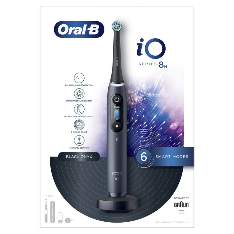Oral-B iO - 8n - Spazzolino Elettrico Ricaricabile, 1 Spazzolino Nero Esclusivo Con Tecnologia Magnetica Rivoluzionaria, Display A Colori, 1 Testina, 1 Custodia Da Viaggio Premium