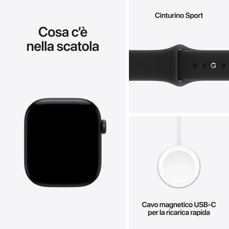 Apple Watch Series 12 GPS, cassa 42 mm in alluminio nero con cinturino Sport nero - S/M