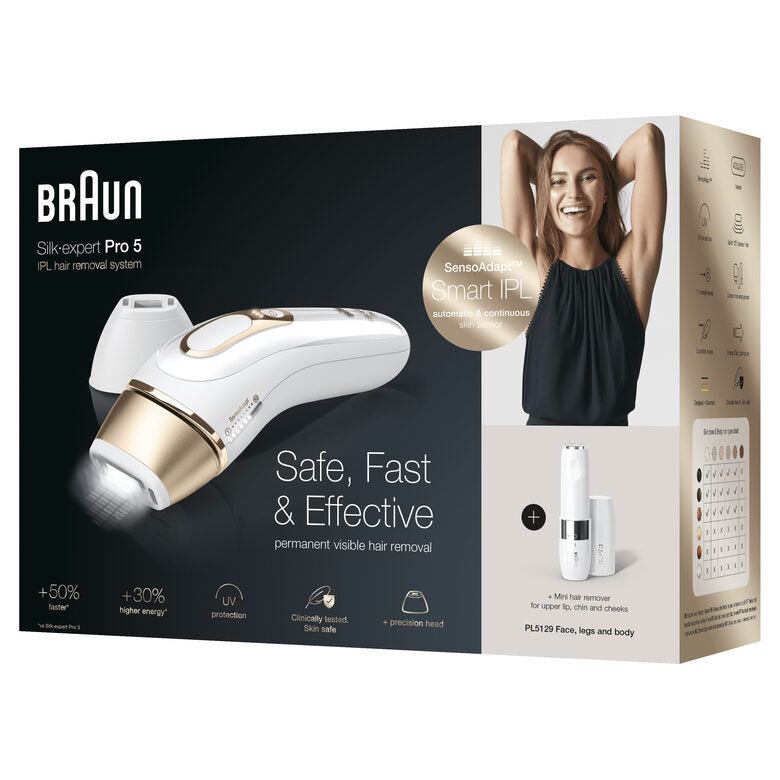Braun Silk-expert Pro 5 PL5129 Silk expert Pro , Epilatore Luce Pulsata IPL, Sistema di Epilazione Permanente dei Peli Visibili per Donna, Bianco/Oro