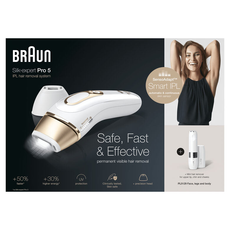 Braun Silk-expert Pro 5 PL5129 Silk expert Pro , Epilatore Luce Pulsata IPL, Sistema di Epilazione Permanente dei Peli Visibili per Donna, Bianco/Oro