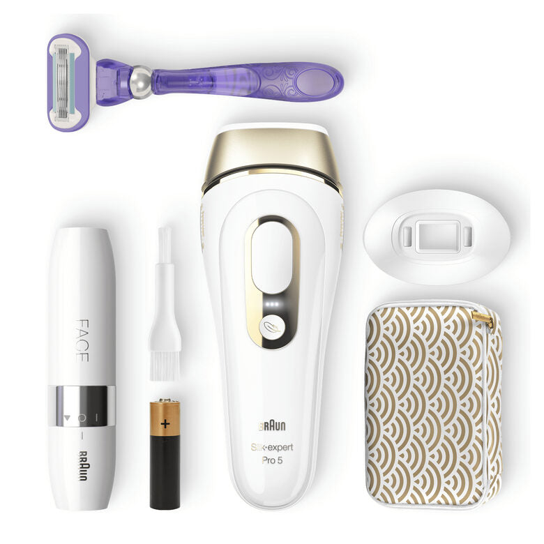 Braun Silk-expert Pro Pro 5 PL5139 Silk expert, Epilatore Luce Pulsata IPL, Sistema di Epilazione Permanente dei Peli Visibili per Donna, Bianco/Oro