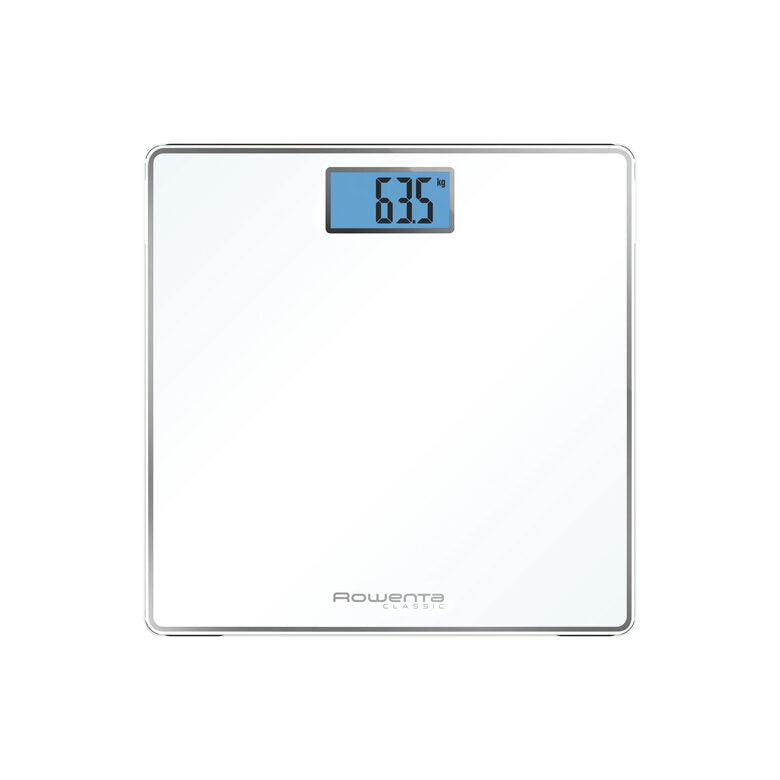 Rowenta Classic BS1501 , bilancia pesapersone elettronica, 31x31 cm, fino a 160 Kg con graduazione di precisione ogni 100g, spessore di 22 mm, batterie incluse, vetro temperato, bianco