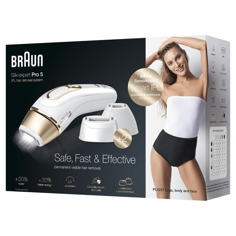 Braun Silk-expert Pro Silk expert Pro 5 PL5237, Epilatore Luce Pulsata IPL, Sistema di Epilazione Permanente dei Peli Visibili Uomo E Donna, Bianco/Oro
