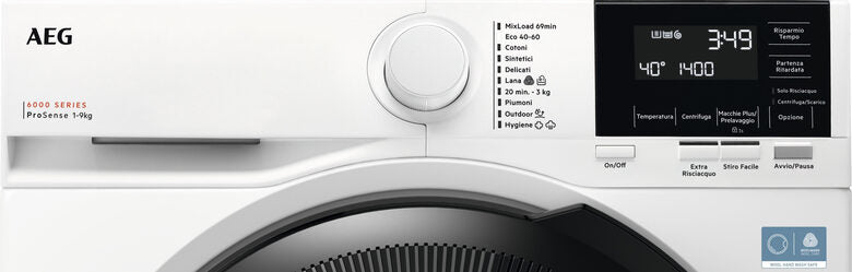 AEG LR6FG94 Serie 6000 Lavatrice A Libera Installazione 9 Kg, 1350 Giri, Prosense®, Classe A, Bianco