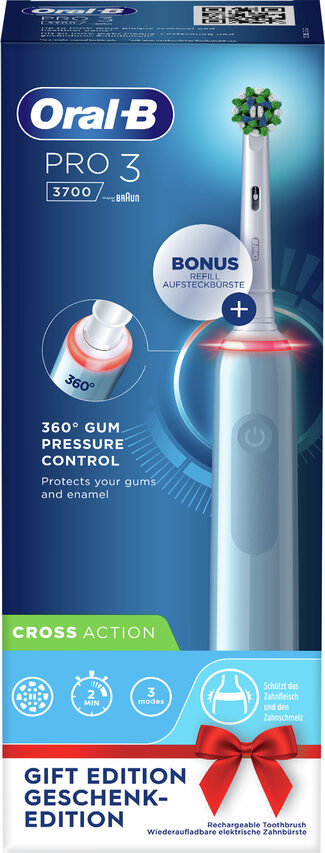 Oral-B Pro 3 Spazzolino Elettrico Ricaricabile - 3700 Blu, 1 Spazzolino Con Sensore Di Pressione Dello Spazzolamento Visibile, 2 Testine Di Ricambio