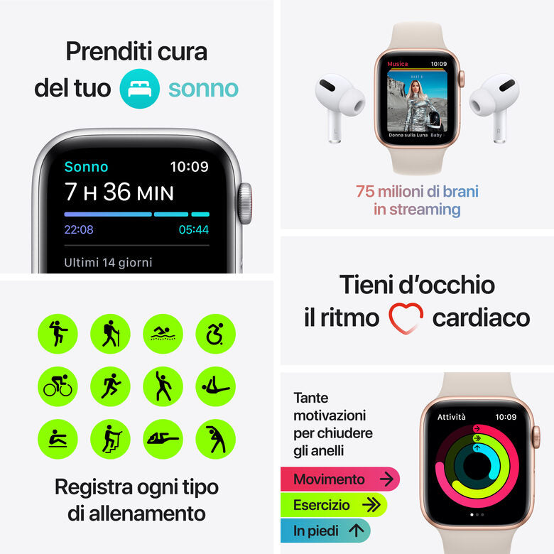 Apple Watch SE GPS + Cellular, 44mm Cassa in Alluminio Grigio scuro con Cinturino Sport Mezzanotte