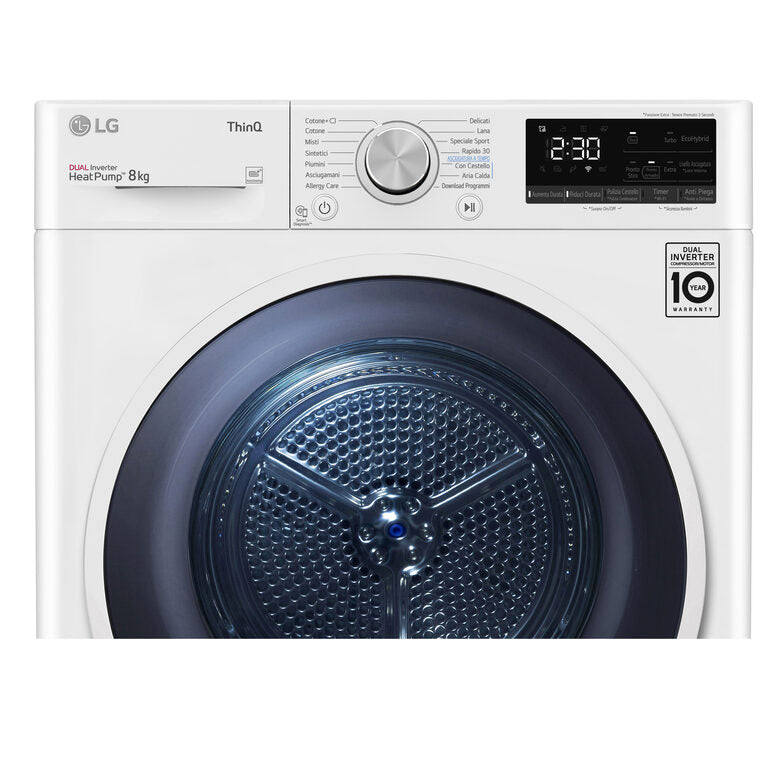 LG RH80V9AVHN Serie V9 Asciugatrice A Libera Installazione 8 Kg, Pompa Di Calore, Dual Inverter, Eco Hybrid, Condensatore Autopulente, Wi-Fi, Classe C, Bianco