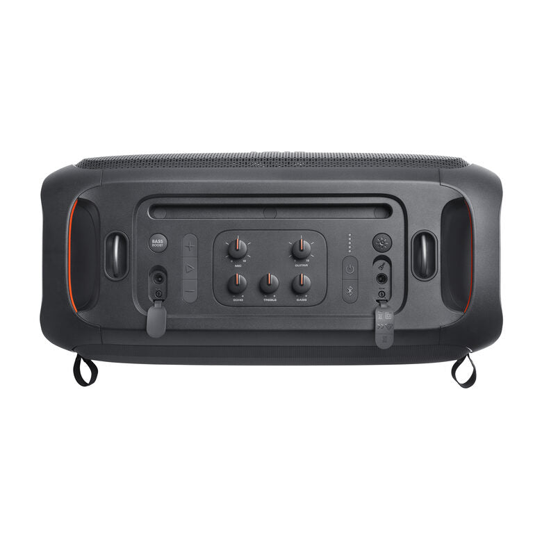 JBL PartyBox On-the-Go Essential Speaker Portatile Wireless per Feste, con Luci Integrate e Bassi Profondi, Protezione Splashproof IPX4, Microfono Wireless, Tracolla per Trasporto, Nero
